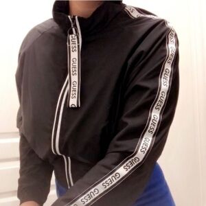 GUESS Black Track Jacket Logo Tape Cropped Zip Up Small Sporty Streetwear